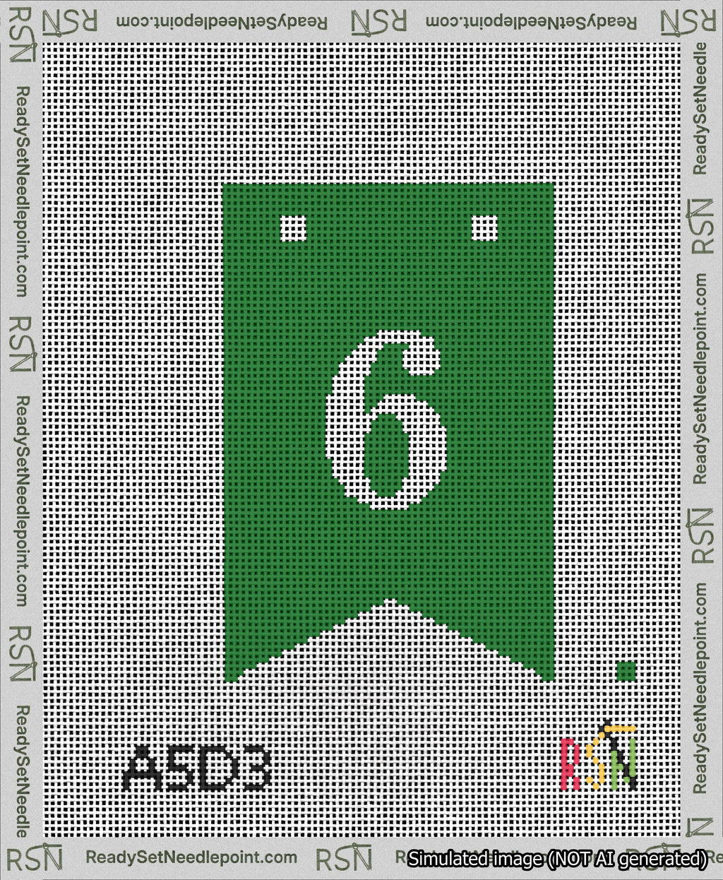 A taped needlepoint canvas with the design: Banner 13 mesh count Forked 6 White on Green.
