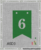 A taped needlepoint canvas with the design: Banner 13 mesh count Forked 6 White on Green.