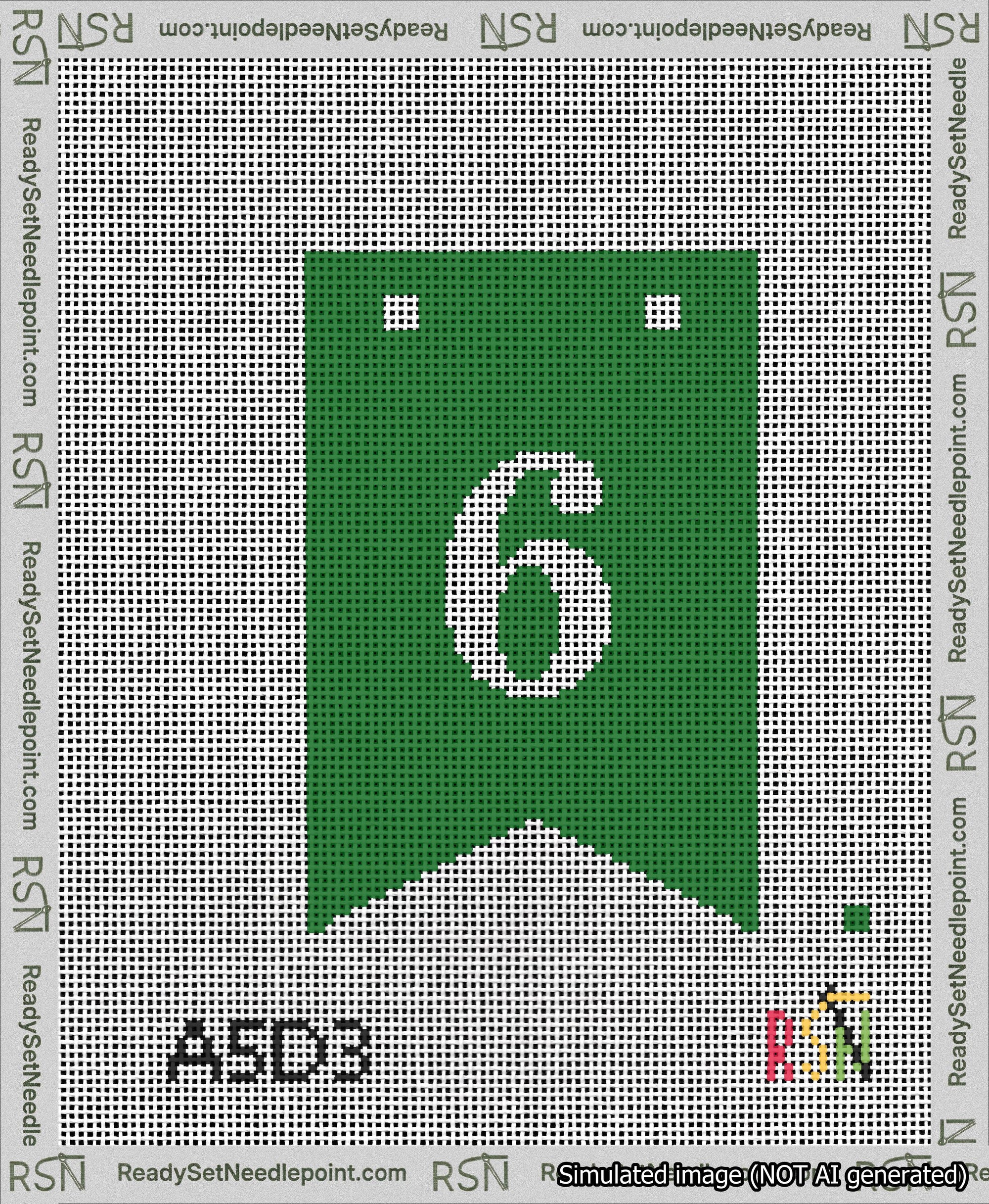 A taped needlepoint canvas with the design: Banner 13 mesh count Forked 6 White on Green.