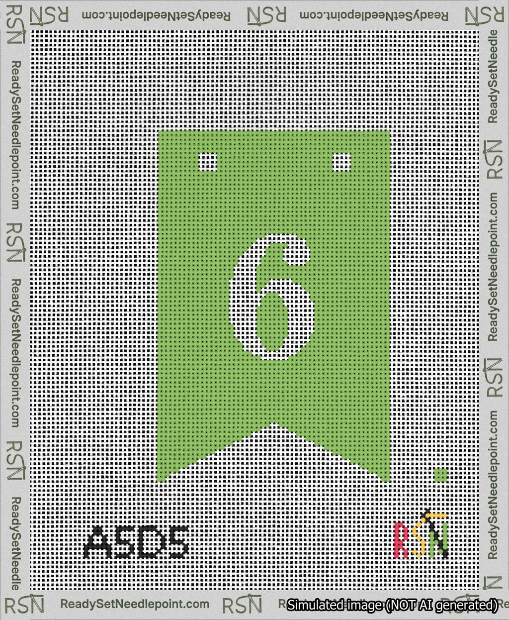 A taped needlepoint canvas with the design: Banner 13 mesh count Forked 6 White on Light Green.