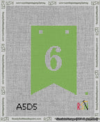 A taped needlepoint canvas with the design: Banner 13 mesh count Forked 6 White on Light Green.