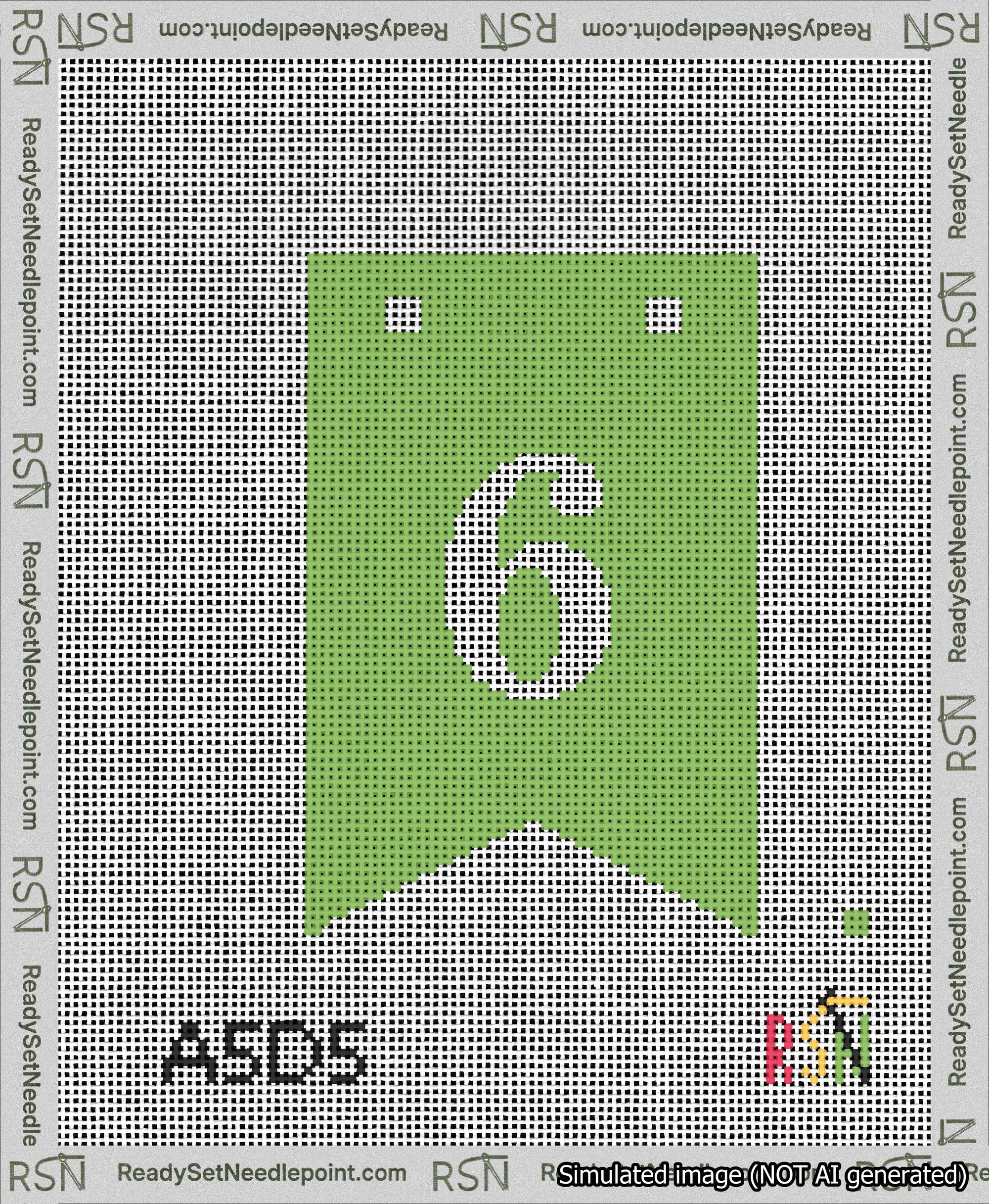 A taped needlepoint canvas with the design: Banner 13 mesh count Forked 6 White on Light Green.