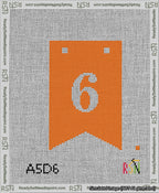A taped needlepoint canvas with the design: Banner 13 mesh count Forked 6 White on Orange.
