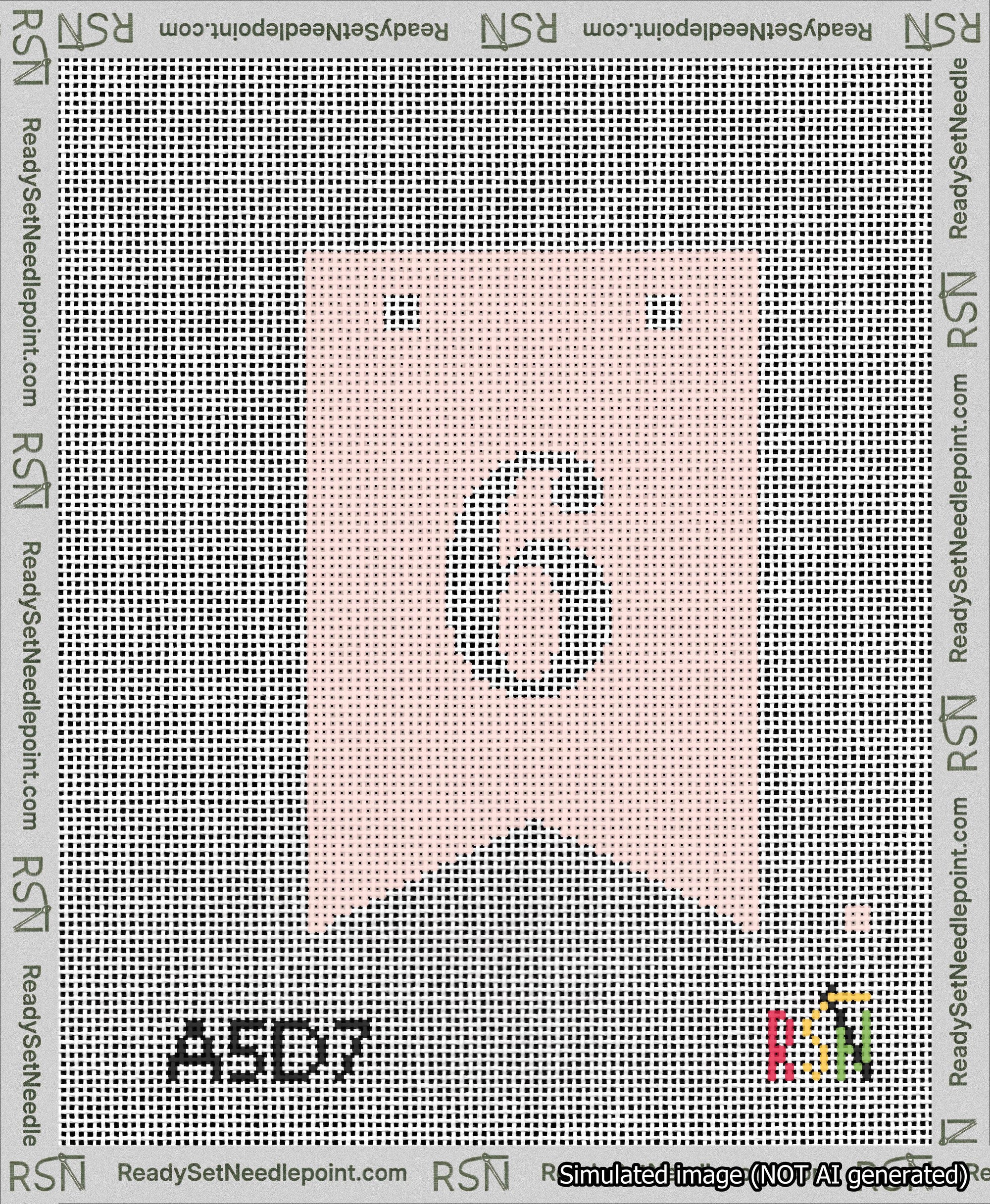 A taped needlepoint canvas with the design: Banner 13 mesh count Forked 6 White on Pink.