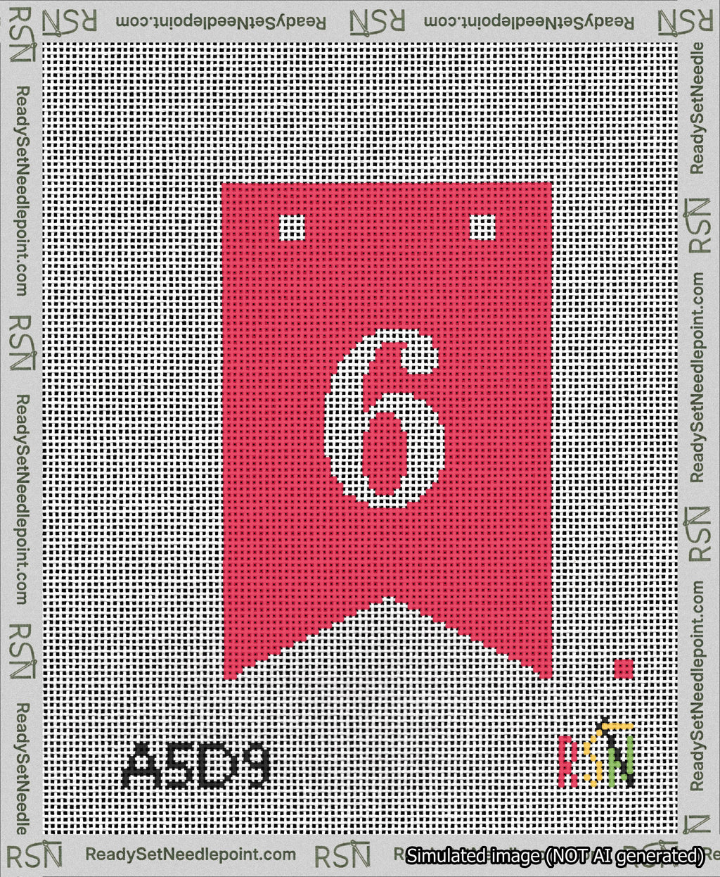 A taped needlepoint canvas with the design: Banner 13 mesh count Forked 6 White on Red.