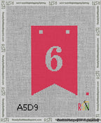 A taped needlepoint canvas with the design: Banner 13 mesh count Forked 6 White on Red.