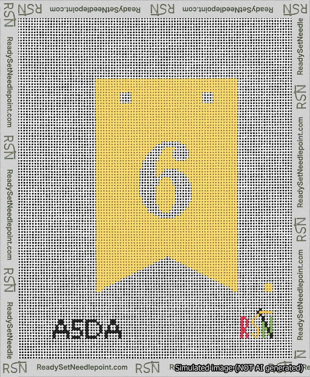 A taped needlepoint canvas with the design: Banner 13 mesh count Forked 6 White on Yellow.