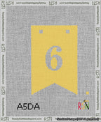 A taped needlepoint canvas with the design: Banner 13 mesh count Forked 6 White on Yellow.