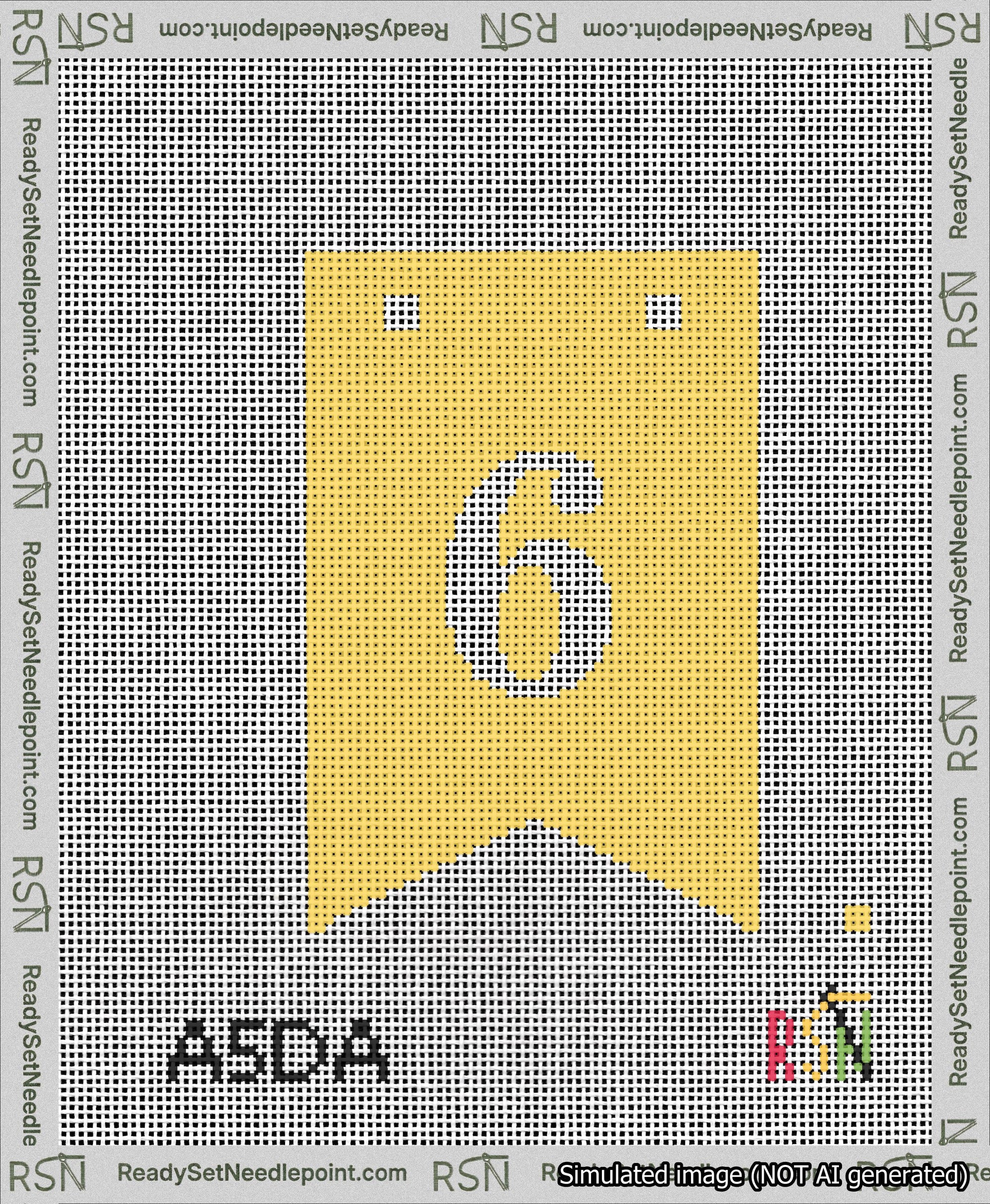 A taped needlepoint canvas with the design: Banner 13 mesh count Forked 6 White on Yellow.