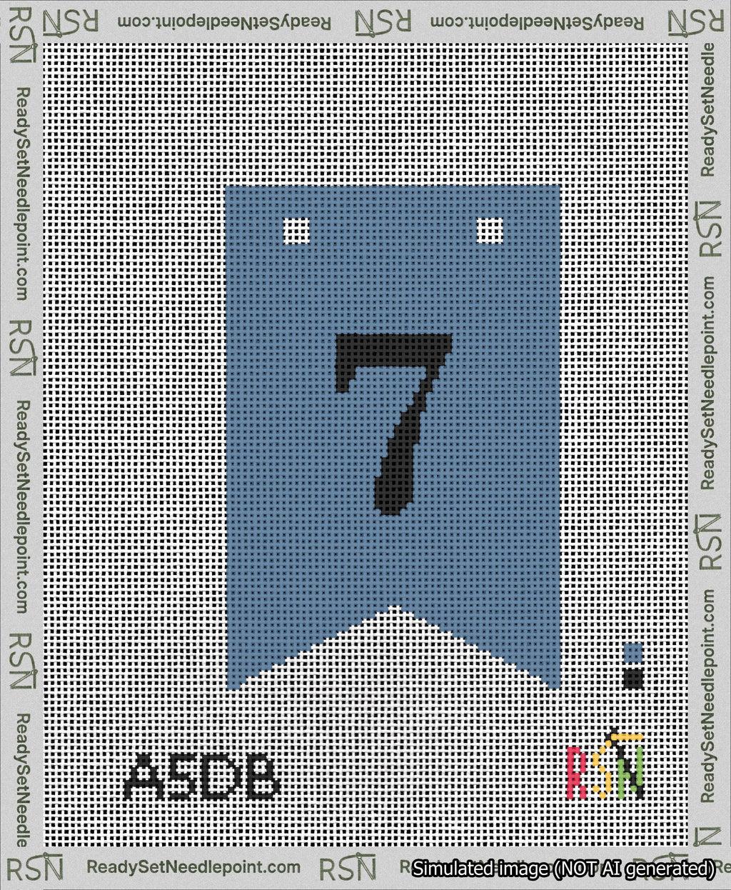 A taped needlepoint canvas with the design: Banner 13 mesh count Forked 7 Black on Blue.