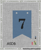 A taped needlepoint canvas with the design: Banner 13 mesh count Forked 7 Black on Blue.