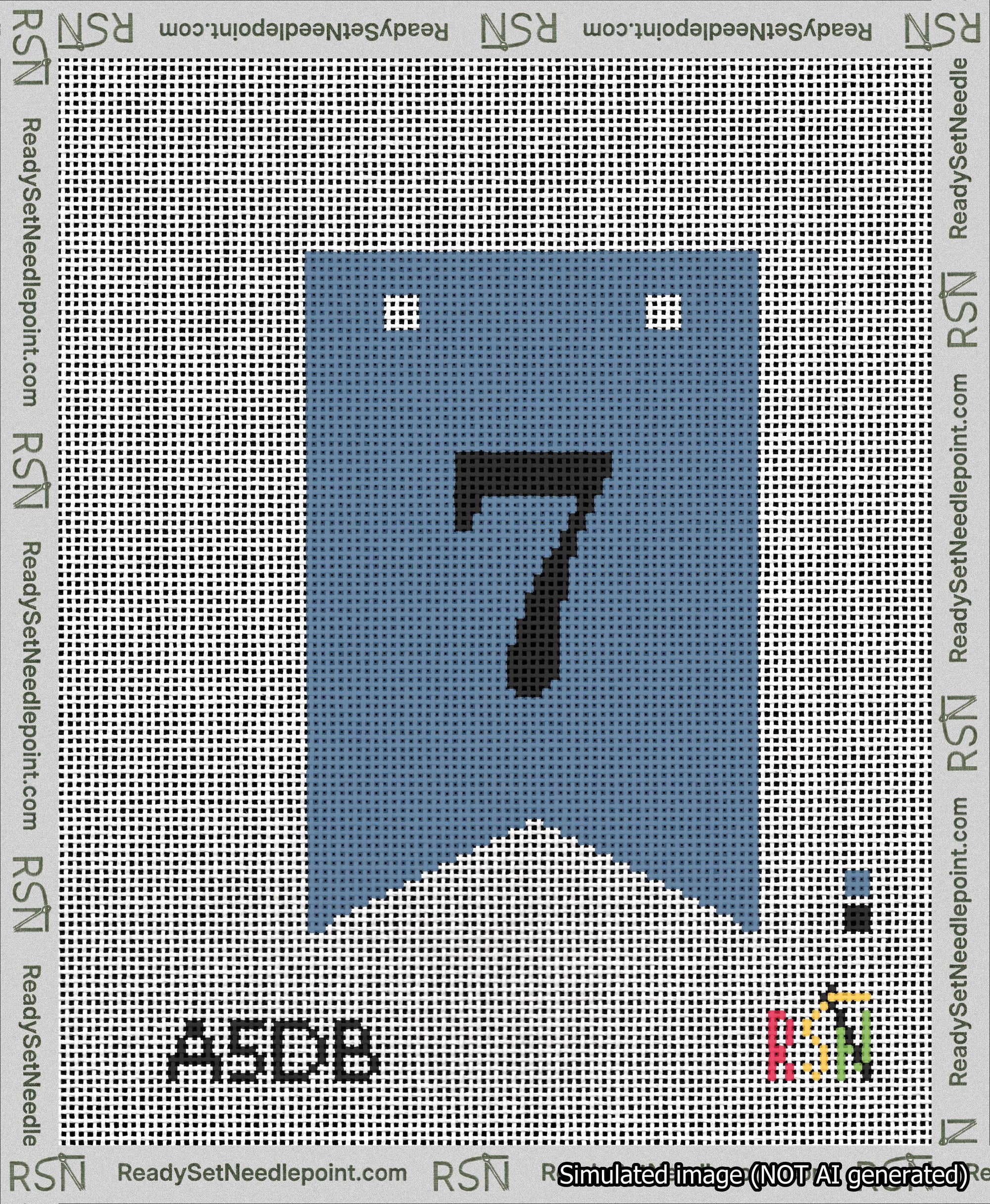 A taped needlepoint canvas with the design: Banner 13 mesh count Forked 7 Black on Blue.