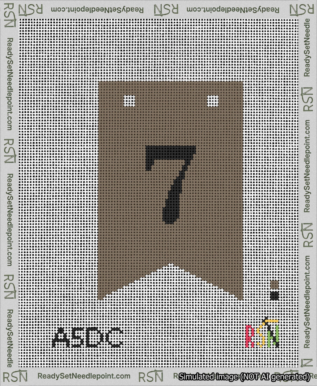 A taped needlepoint canvas with the design: Banner 13 mesh count Forked 7 Black on Brown.