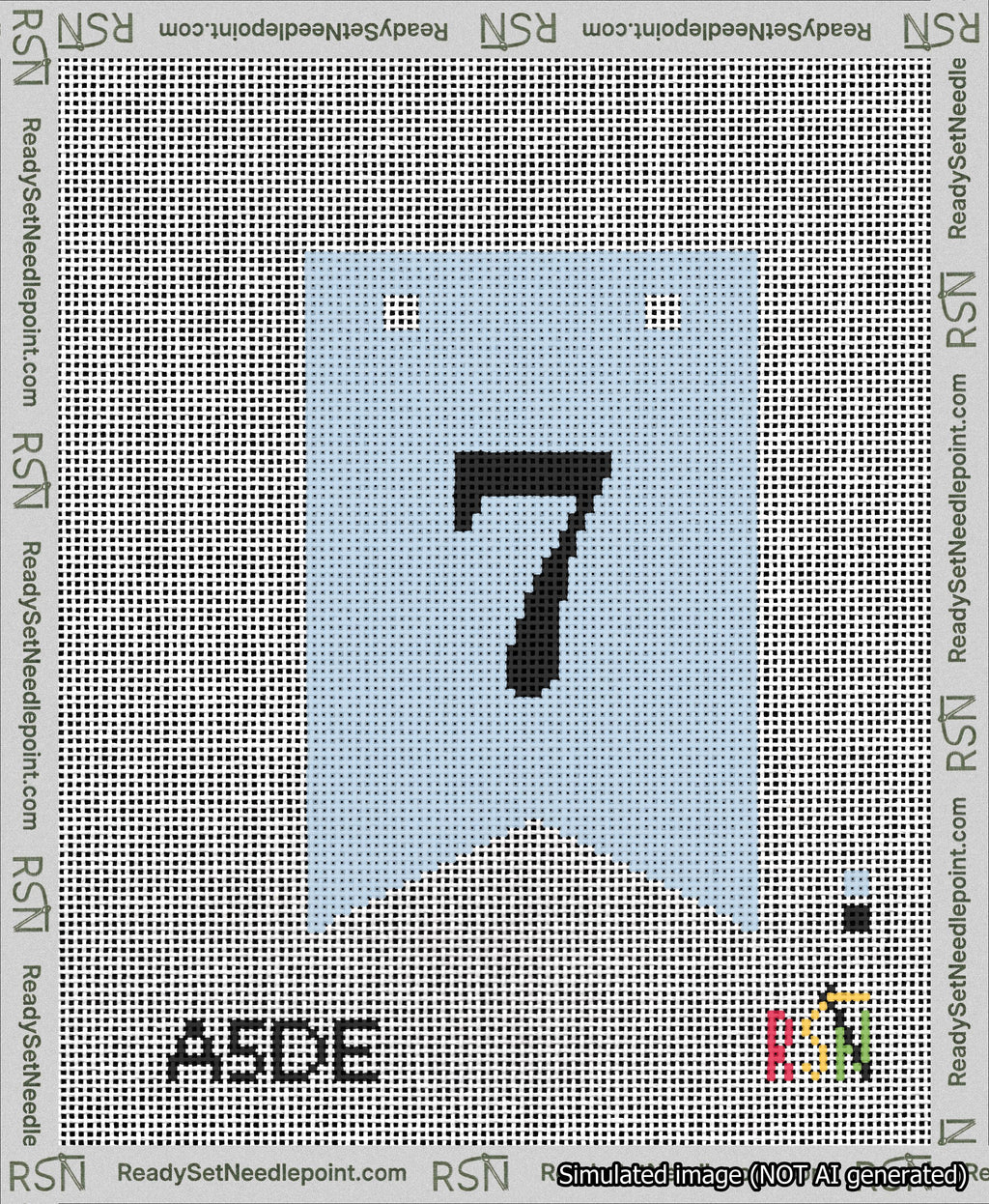 A taped needlepoint canvas with the design: Banner 13 mesh count Forked 7 Black on Light Blue.