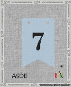 A taped needlepoint canvas with the design: Banner 13 mesh count Forked 7 Black on Light Blue.