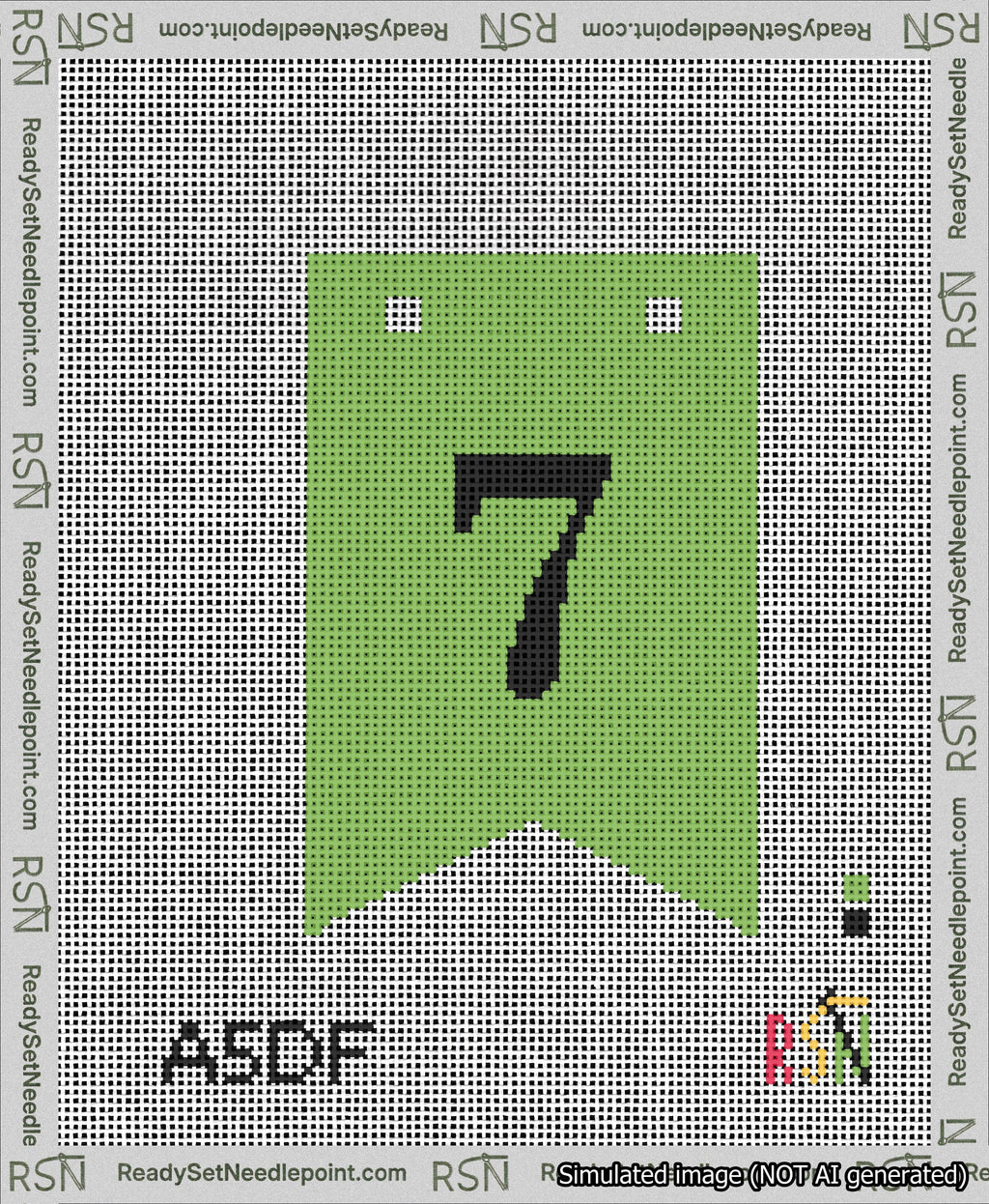 A taped needlepoint canvas with the design: Banner 13 mesh count Forked 7 Black on Light Green.