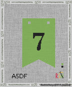 A taped needlepoint canvas with the design: Banner 13 mesh count Forked 7 Black on Light Green.