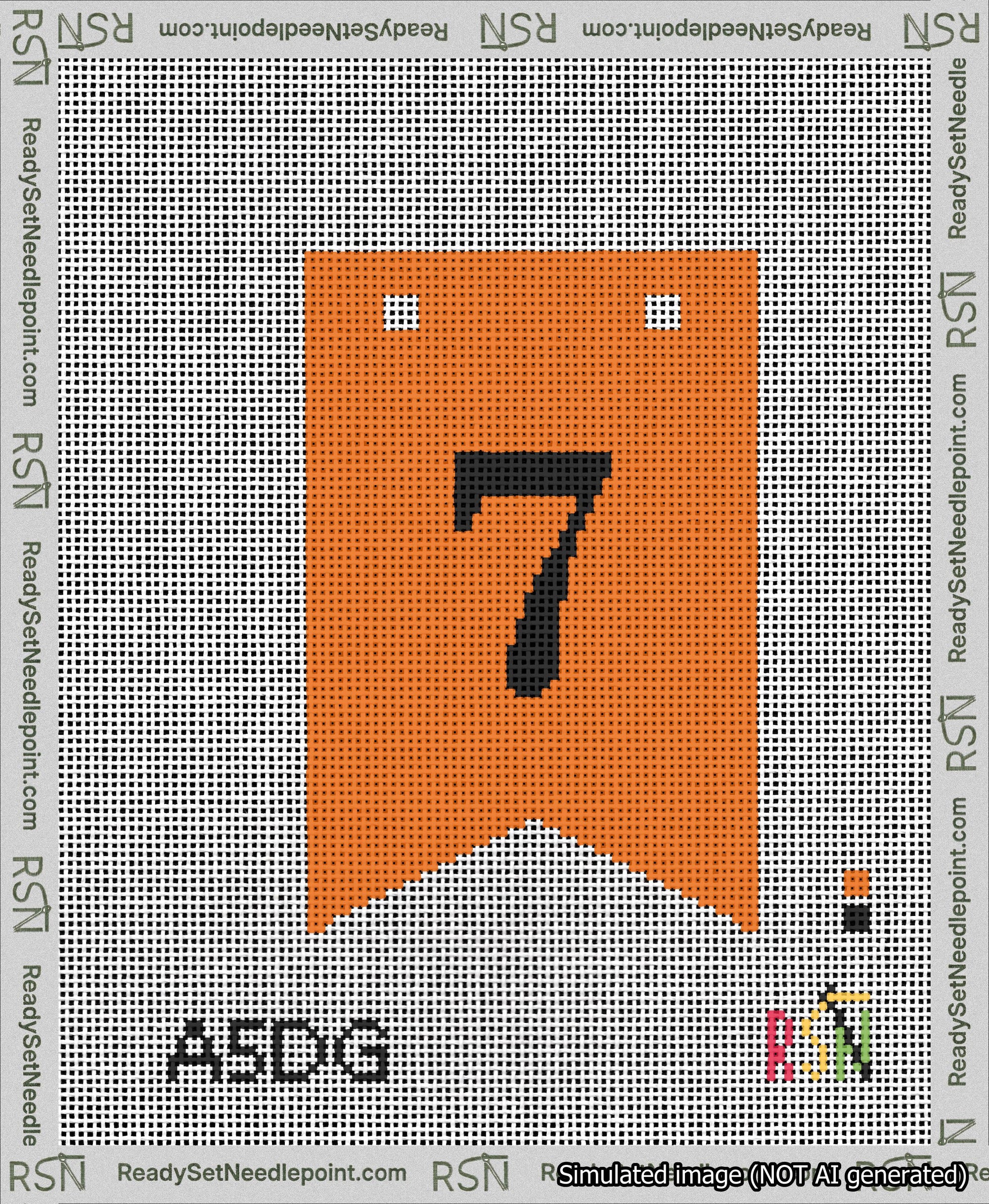 A taped needlepoint canvas with the design: Banner 13 mesh count Forked 7 Black on Orange.