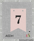 A taped needlepoint canvas with the design: Banner 13 mesh count Forked 7 Black on Pink.