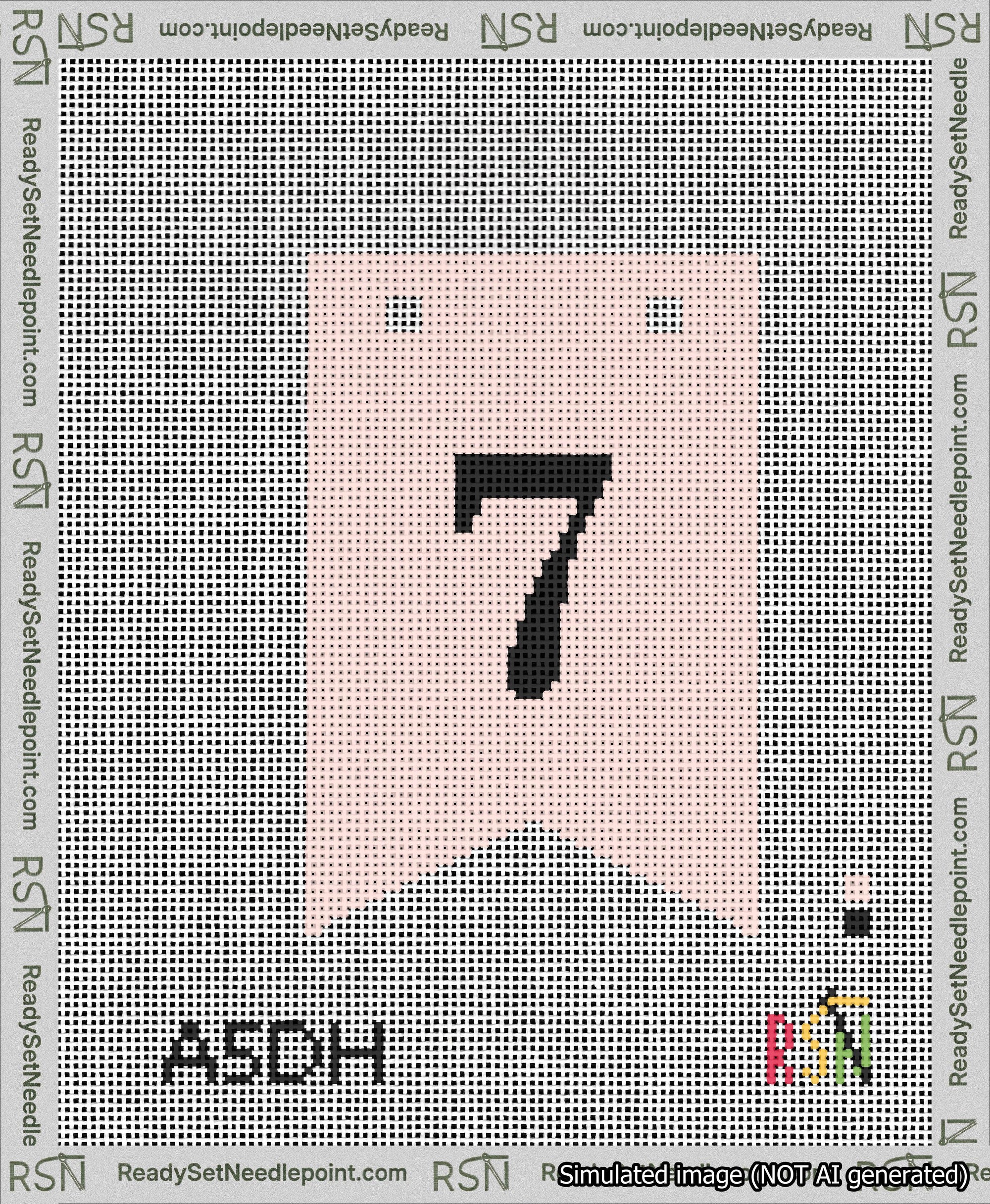 A taped needlepoint canvas with the design: Banner 13 mesh count Forked 7 Black on Pink.