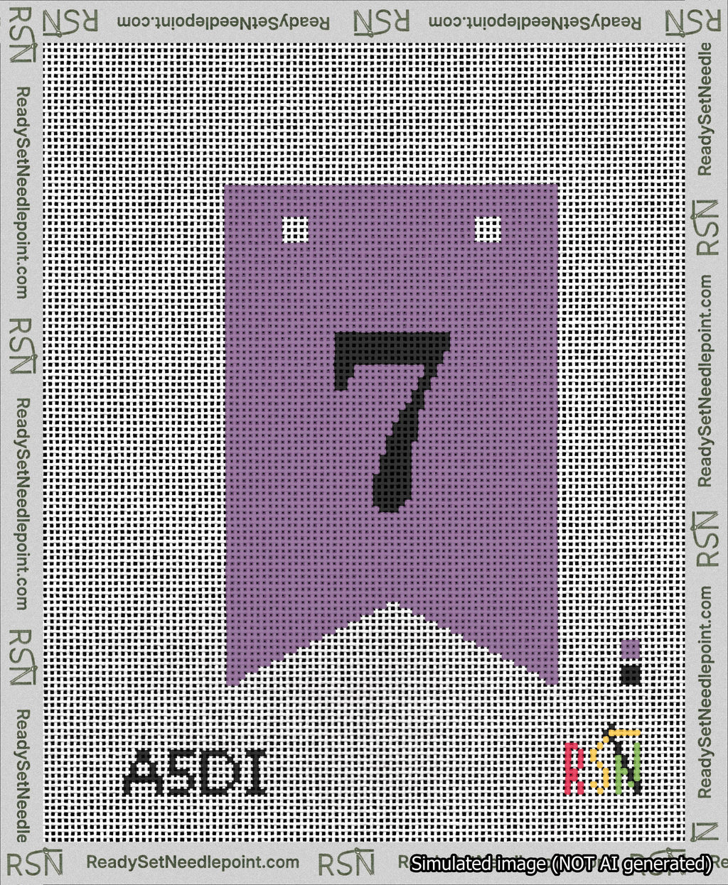 A taped needlepoint canvas with the design: Banner 13 mesh count Forked 7 Black on Purple.