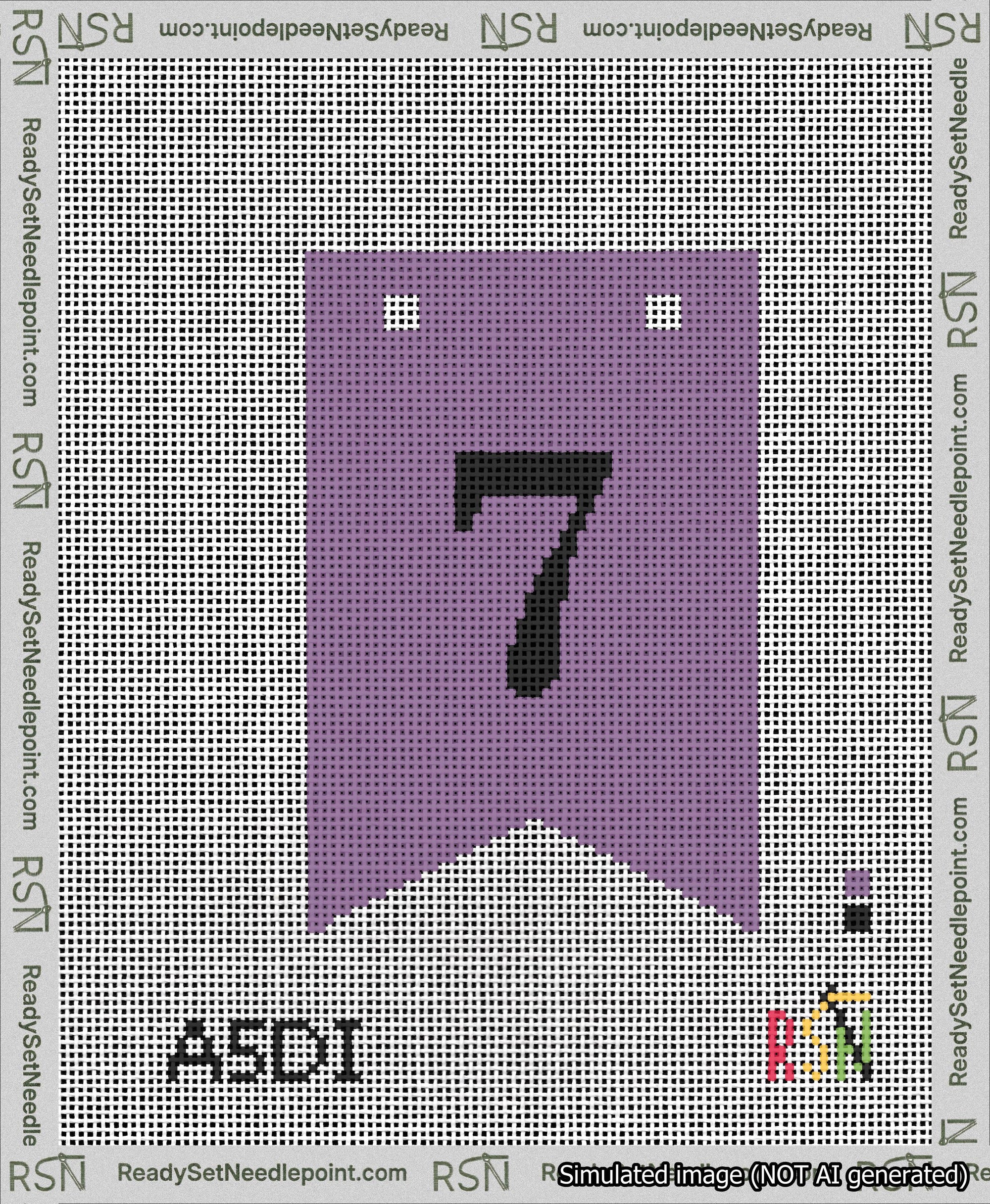 A taped needlepoint canvas with the design: Banner 13 mesh count Forked 7 Black on Purple.