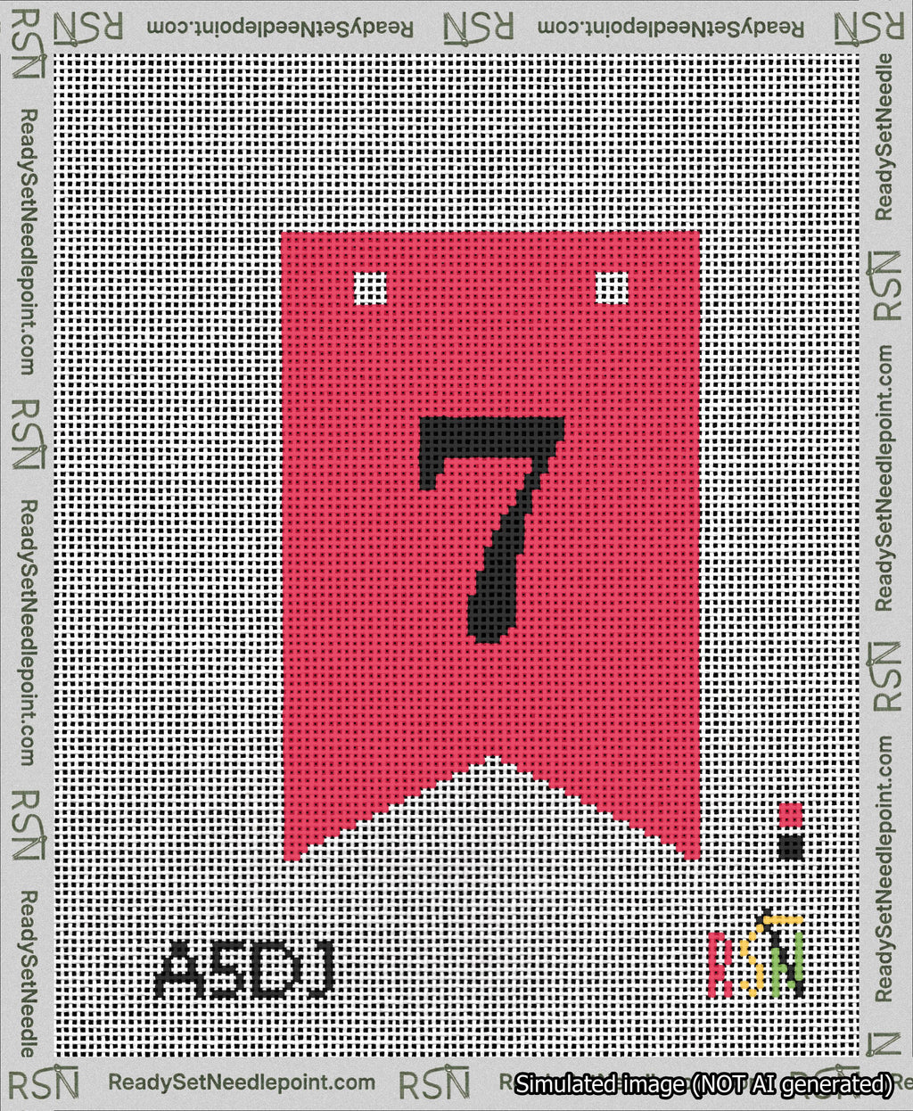 A taped needlepoint canvas with the design: Banner 13 mesh count Forked 7 Black on Red.