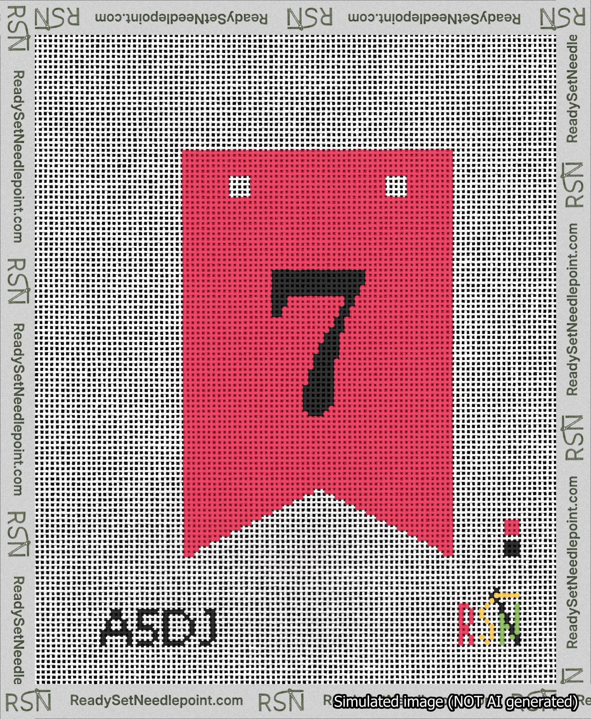 A taped needlepoint canvas with the design: Banner 13 mesh count Forked 7 Black on Red.