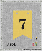 A taped needlepoint canvas with the design: Banner 13 mesh count Forked 7 Black on Yellow.