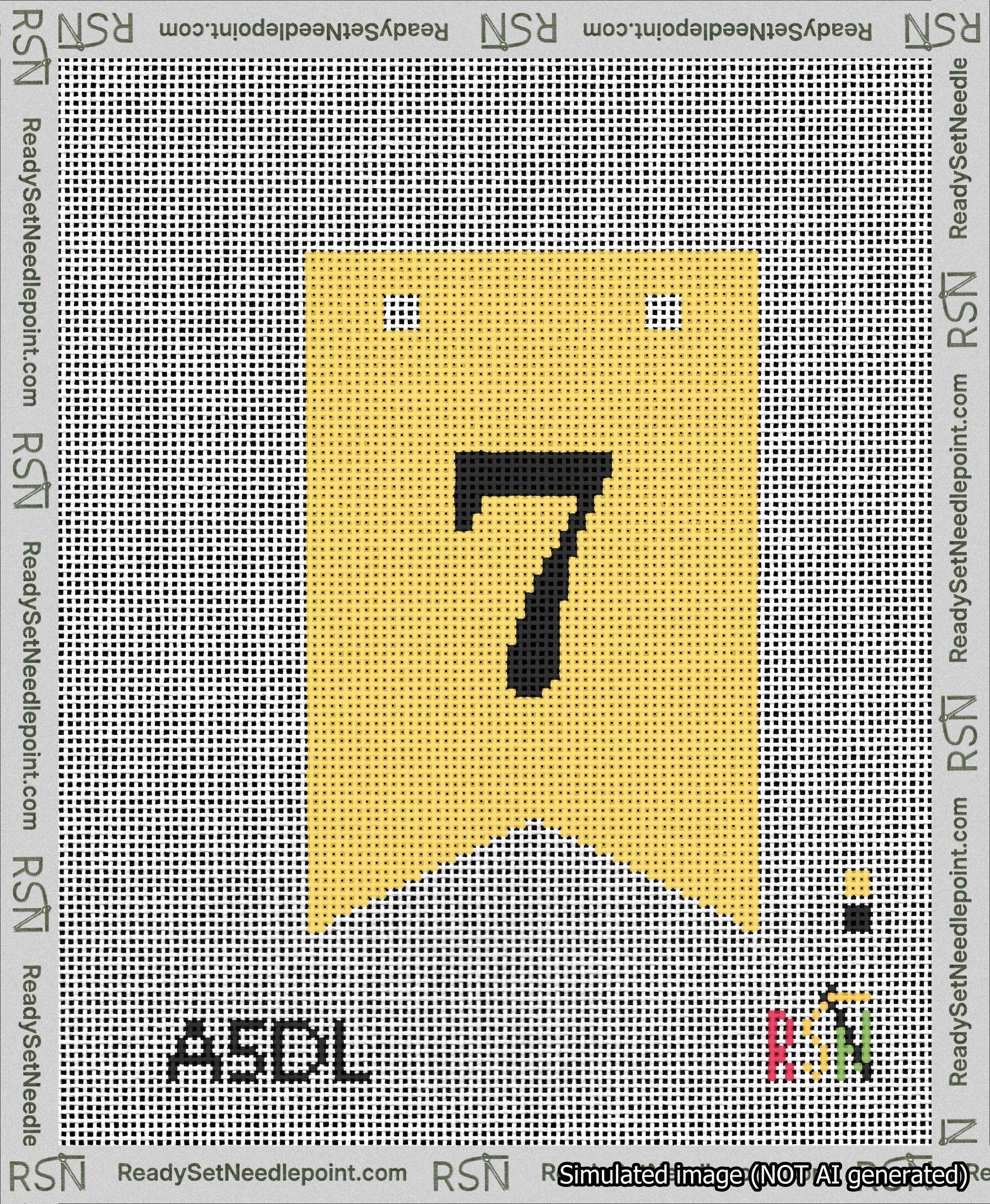 A taped needlepoint canvas with the design: Banner 13 mesh count Forked 7 Black on Yellow.