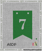A taped needlepoint canvas with the design: Banner 13 mesh count Forked 7 White on Green.