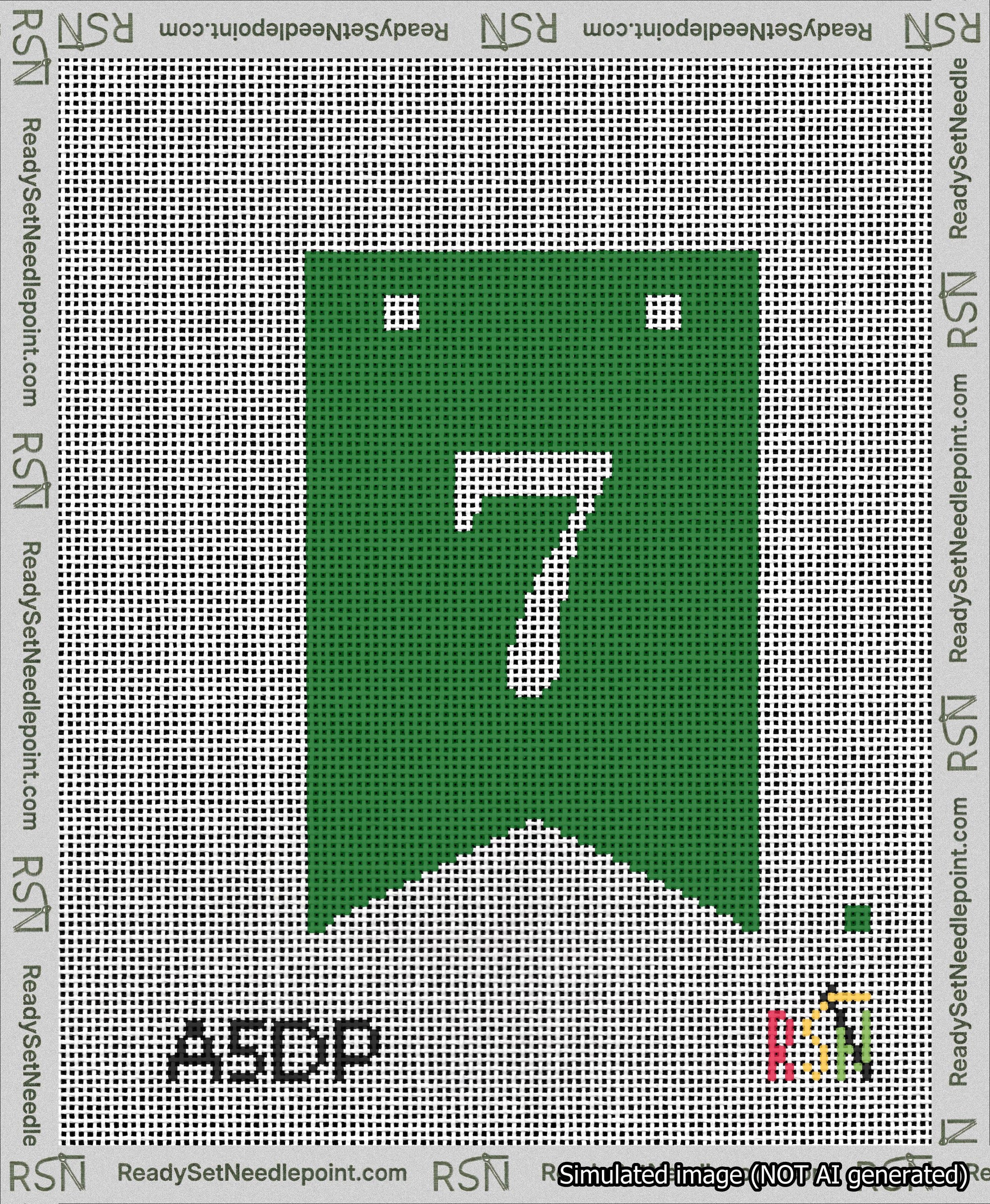 A taped needlepoint canvas with the design: Banner 13 mesh count Forked 7 White on Green.
