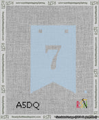 A taped needlepoint canvas with the design: Banner 13 mesh count Forked 7 White on Light Blue.