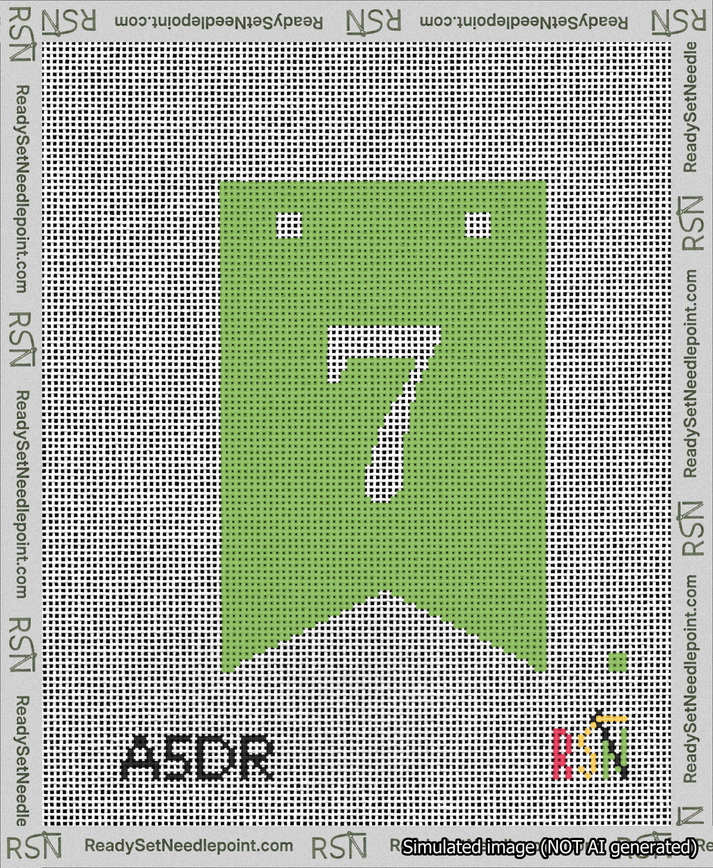 A taped needlepoint canvas with the design: Banner 13 mesh count Forked 7 White on Light Green.