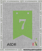 A taped needlepoint canvas with the design: Banner 13 mesh count Forked 7 White on Light Green.