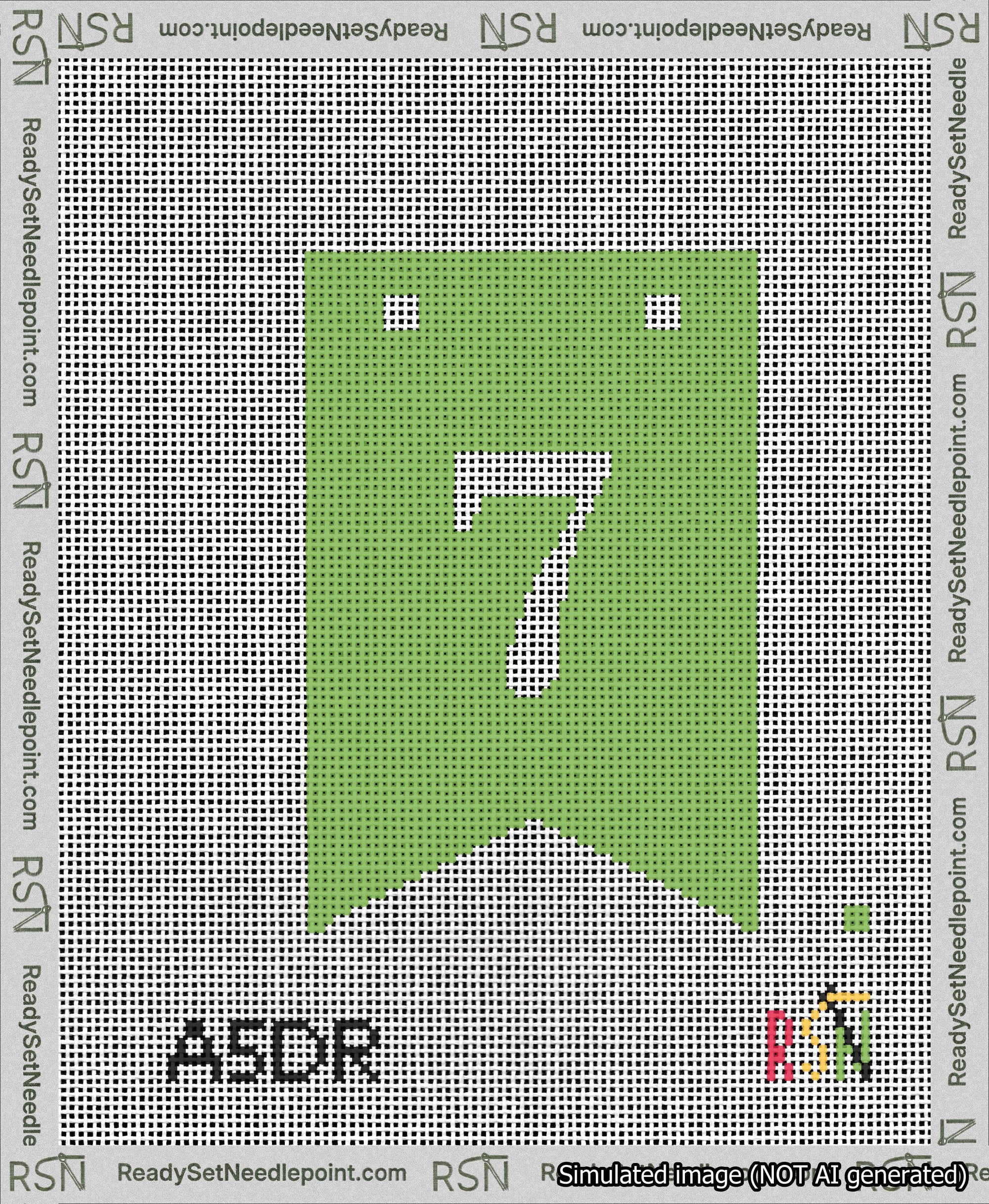 A taped needlepoint canvas with the design: Banner 13 mesh count Forked 7 White on Light Green.