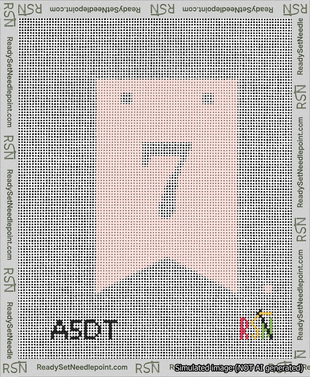 A taped needlepoint canvas with the design: Banner 13 mesh count Forked 7 White on Pink.