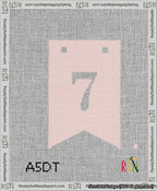 A taped needlepoint canvas with the design: Banner 13 mesh count Forked 7 White on Pink.
