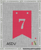 A taped needlepoint canvas with the design: Banner 13 mesh count Forked 7 White on Red.