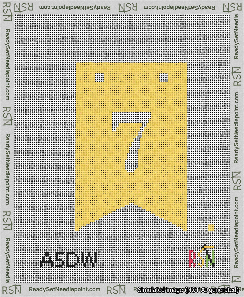 A taped needlepoint canvas with the design: Banner 13 mesh count Forked 7 White on Yellow.
