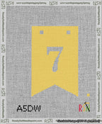 A taped needlepoint canvas with the design: Banner 13 mesh count Forked 7 White on Yellow.