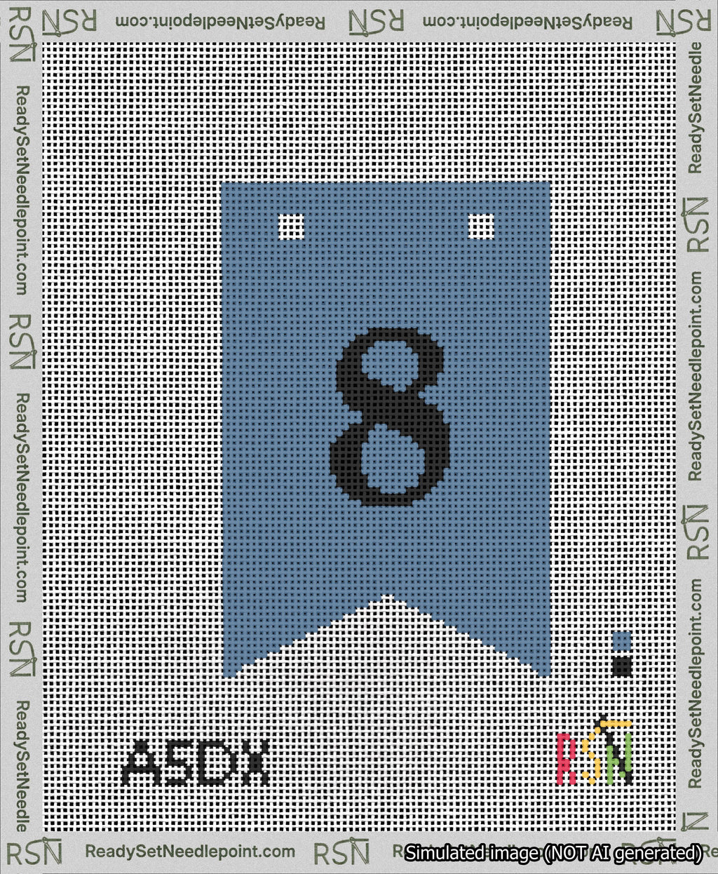 A taped needlepoint canvas with the design: Banner 13 mesh count Forked 8 Black on Blue.