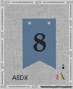 A taped needlepoint canvas with the design: Banner 13 mesh count Forked 8 Black on Blue.
