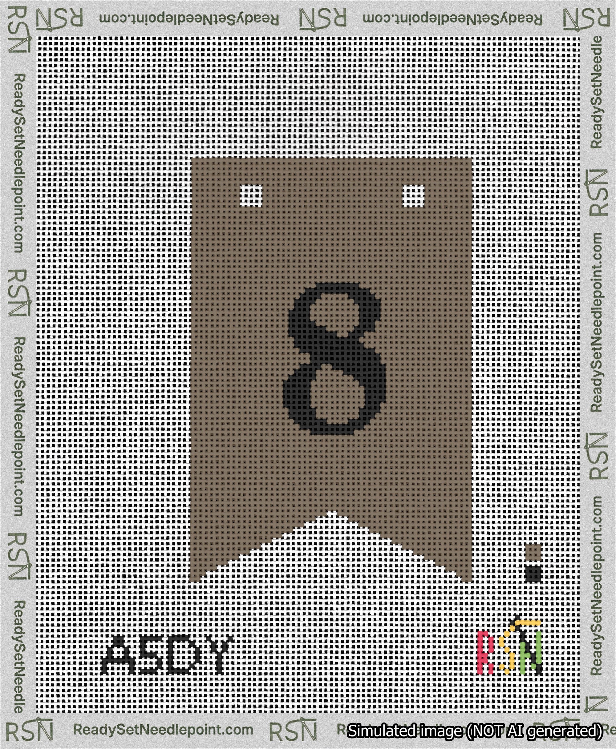 A taped needlepoint canvas with the design: Banner 13 mesh count Forked 8 Black on Brown.