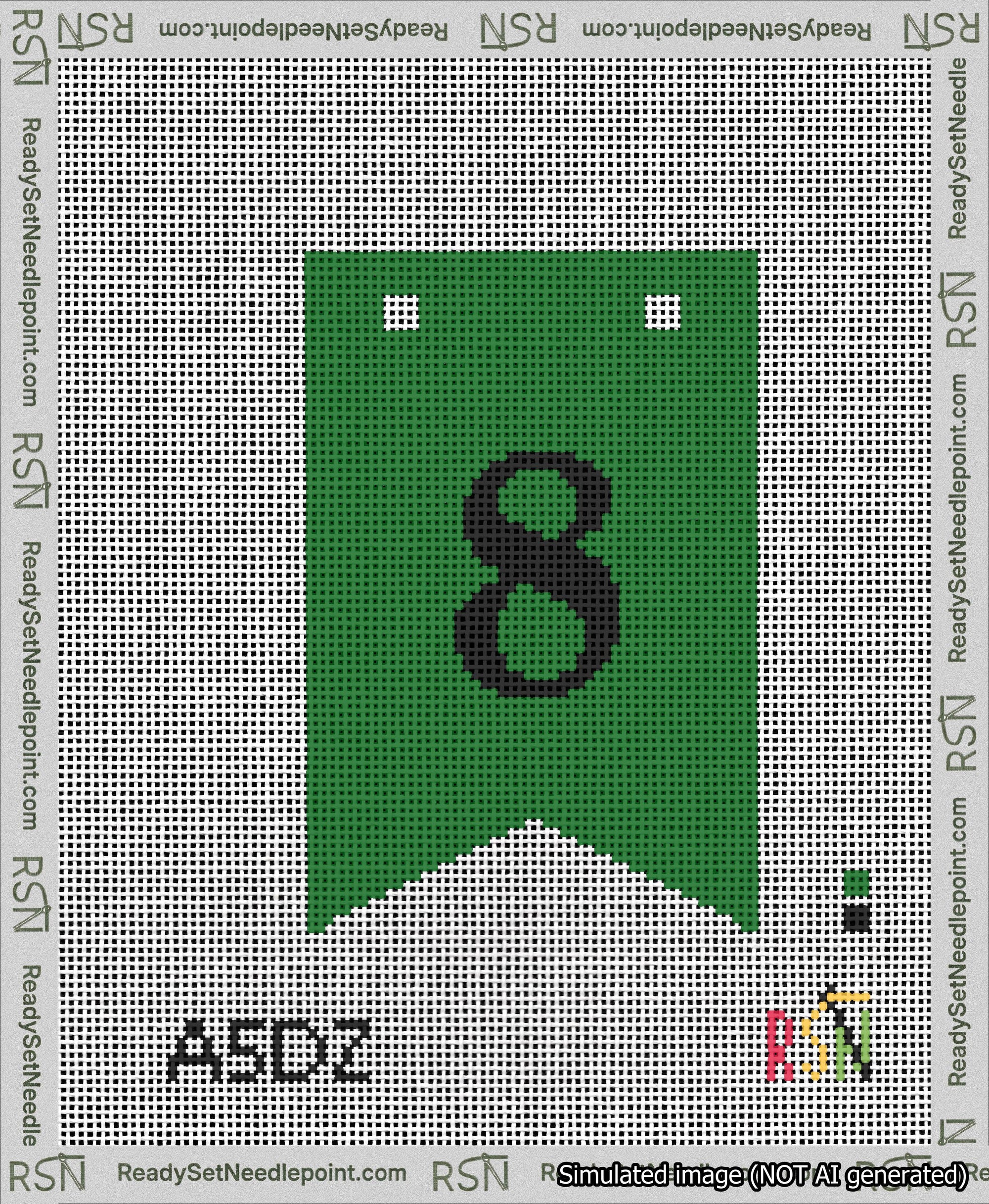 A taped needlepoint canvas with the design: Banner 13 mesh count Forked 8 Black on Green.