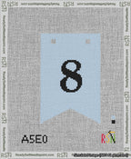 A taped needlepoint canvas with the design: Banner 13 mesh count Forked 8 Black on Light Blue.