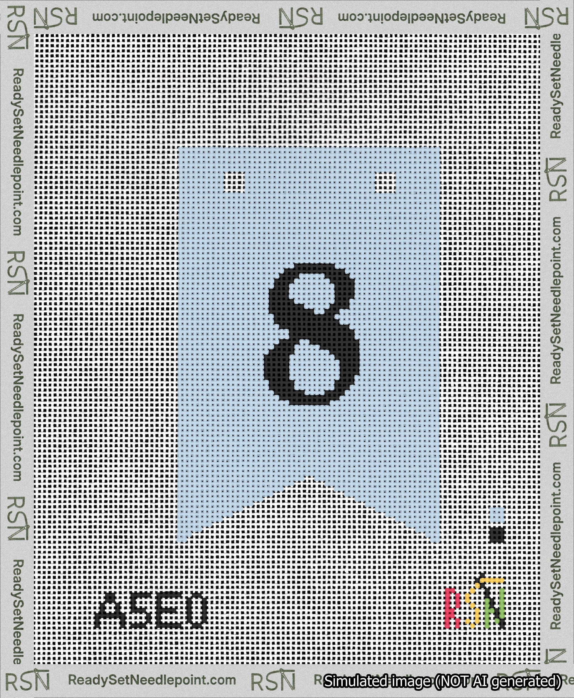 A taped needlepoint canvas with the design: Banner 13 mesh count Forked 8 Black on Light Blue.