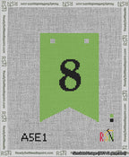 A taped needlepoint canvas with the design: Banner 13 mesh count Forked 8 Black on Light Green.
