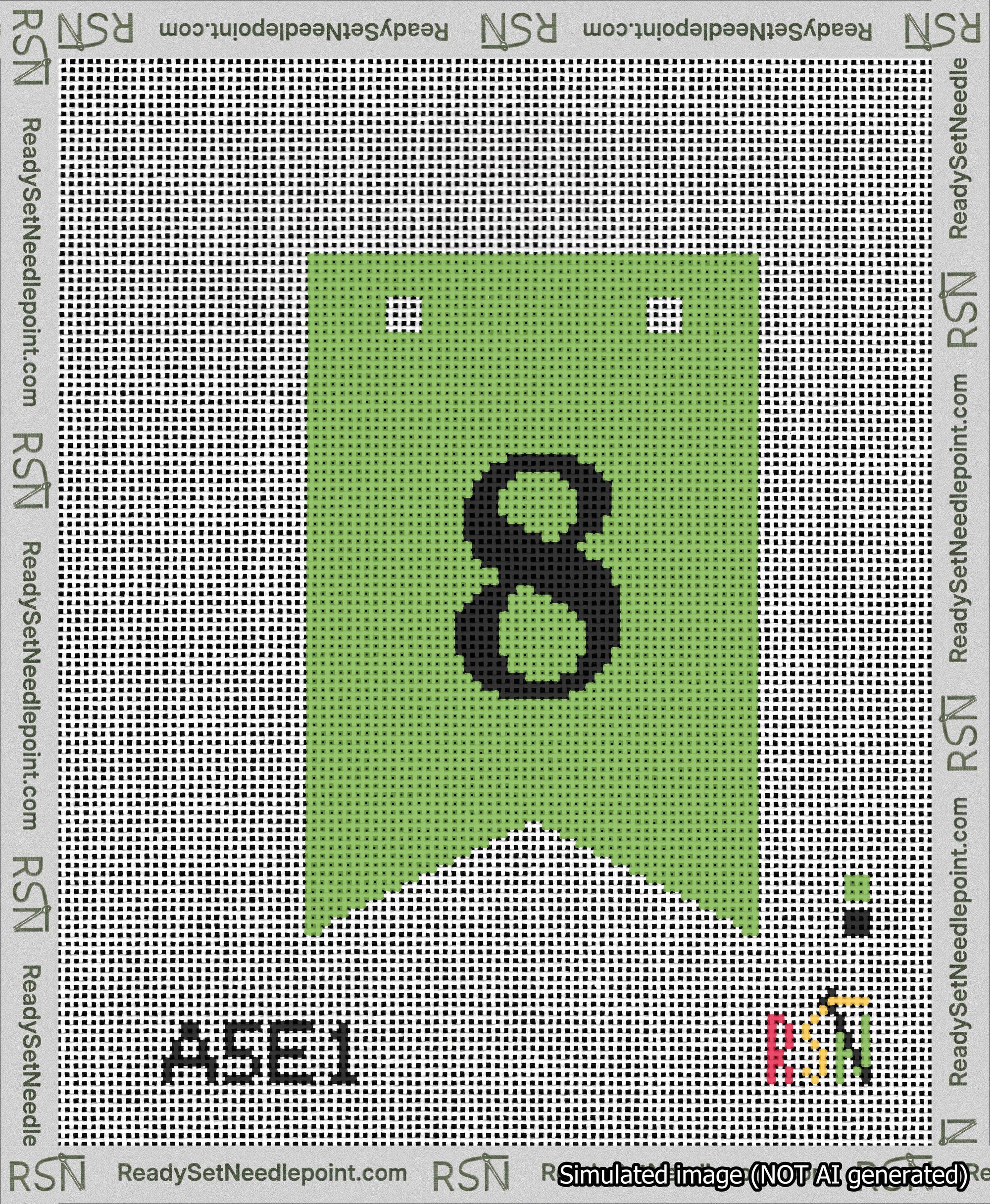 A taped needlepoint canvas with the design: Banner 13 mesh count Forked 8 Black on Light Green.