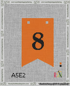 A taped needlepoint canvas with the design: Banner 13 mesh count Forked 8 Black on Orange.
